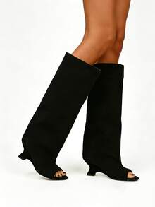 Knee High Boot Open Toe Kitten Heel Stiletto Heeled Boots For Woman Suede Wide Calf Long Boots Heeled Slouchy Formal Shoes Winter Tall Boots For Women - Nhung đen A - Xem 7
