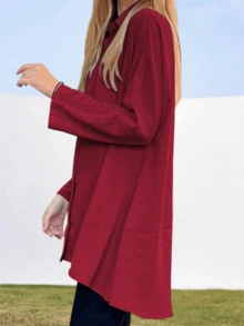 Womens Oversized Long Sleeve Button Down Shirt V Neck Collar Loose Flowy Blouse Top - 酒紅色 - 查看 2