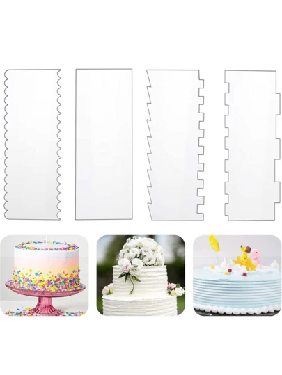 4Pcs Clear Acrylic Cake Scrapers 9.5 Inch Cake Icing Scraper Frosting Buttercream Cake Smoother Scraper Cake Edge Stripe Combs For Cream Cakes Smooth Decoration