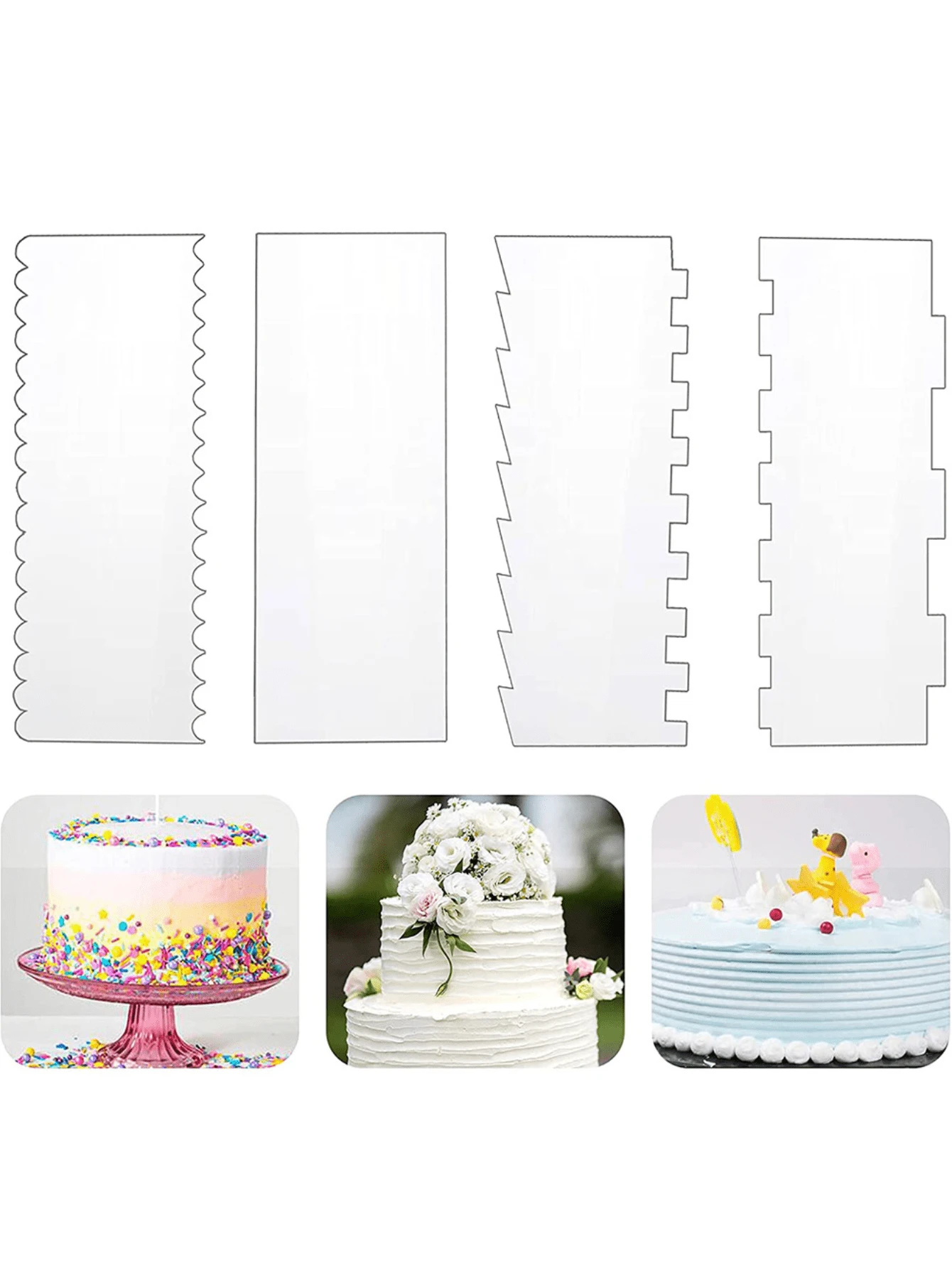 4Pcs Clear Acrylic Cake Scrapers 9.5 Inch Cake Icing Scraper Frosting Buttercream Cake Smoother Scraper Cake Edge Stripe Combs For Cream Cakes Smooth Decoration