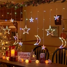 USB Powered LED Curtain Lights, Star & Moon Pattern - Warm Multicolor Space Themed String Lights, Suitable For Valentine's Day, New Year And Other Holiday Decorations