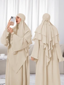 2pcs Set: Khimar Hijab Prayer Headscarf + Loose Comfortable Abaya Muslim Clothing, Suitable For Women's Daily Wear And Prayer, All Season - 彩色 - 查看 15
