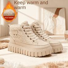 Autumn And Winter Fashion Casual Lamb Wool Lined High-Top Shoes, Faux Leather Patchwork Color-Block Metal Decor Lace-Up Platform Wedge Women's Shoes, Warm And Comfortable - Màu Khaki - Xem 5
