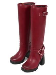 Women's Knee High Boots Slip On Squared Toe Chunky High Heel Platform Riding Boots Buckle Boots For Women Sexy Tall  Boots Dance Party Shoes For Halloween Christmas - 紅色 - 查看 6