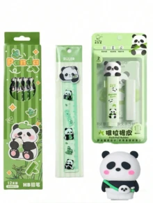 4 pezzi Set di cancelleria a tema panda carino (matita, righello, temperamatite, gomma), forniture per disegno e scrittura per studenti - Multicolore - Visualizzare 10