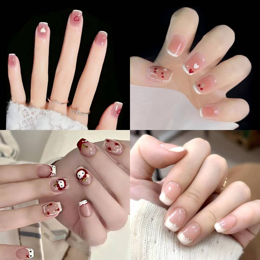 4 Boxes 96Pcs Short Squoval Press On Nails 24PCS Sheer Pink Heart & White Tip French Press On Nails, Short Oval False Nails, Skin-Brightening & Elegant Removable Fake Nails For Women & Girls, Ready-To-Wear For Daily, Date, Wedding, All Season.Cute Nails,Nails Kit,French Tip Press On Nail,Nail Art,Uñas Press On. - 混合裝426 - 查看 1
