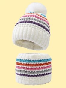 儿童冬季针织帽套装，简约条纹保暖针织帽套装，适合冬季旅行 - 條紋套裝 - 查看 3