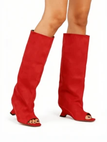 Knee High Boot Open Toe Kitten Heel Stiletto Heeled Boots For Woman Suede Wide Calf Long Boots Heeled Slouchy Formal Shoes Winter Tall Boots For Women - 紅色絨面A - 查看 2