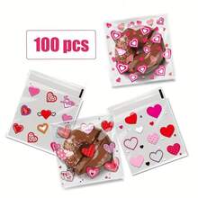 100/200/300pcs Valentine's Day Heart Pattern Gift Packaging Bags, Transparent Self-Adhesive Bags, Mixed Designs, Full Of Love And Romance, Suitable For Valentine's Day, Wedding, Birthday, Anniversary And Other Party Gifts