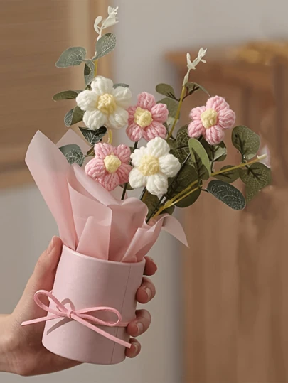 Handmade Crochet Artificial Flower Bouquet - Vintage Rose, Sunflower, Daisy In Plastic Bucket And Gift Bag With Pink Ribbon Bow | Durable, Easy-Care Handmade Faux Floral, Suitable For Spring Home Decor, Tabletop, Office Desk | Ideal Gift For Mother's Day, Valentine's Day, Birthday, Teacher's Day, Also Suitable For Wedding, Graduation, Party Favor And Decoration