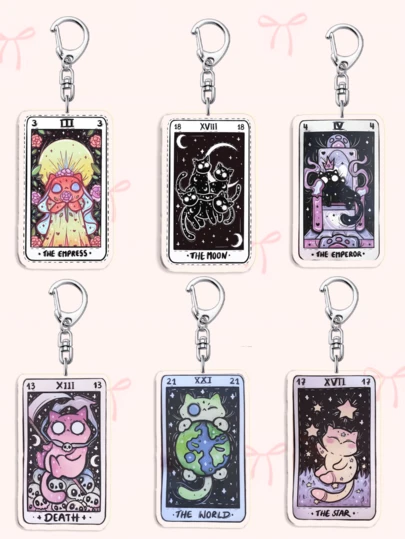 1Pc/1set Acrylic Adorable Cartoon Tarot Black Cat Tarot Divination Style Theme Keychain The DEATH/EIGHT OF WANDS/JUDGEMENT/JUSTICE/QUEEN OF CUPS/TEMPERANCE//THE DEVIL/The Emperor/THE EMPRESS/THE HERMIT/THE HIGH PRIESTESS Backpack For School, Ideal For Boyfriends, Girlfriends, Family Members, Teachers, Party Gifts, And TAROT-Themed Cell Phone Decorations.