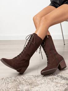 Women's Easter Leather Brown Mid Calf Boots Lace Up Chunky Heel Vintage Combat Heeled Dress Casual Boots Country Concert Combat Boots For Women - 棕色絨面革 - 查看 3