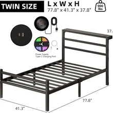 Twin/ Full/ Queen Size Bed Frame With LED Lights, Metal Bed Frame With Charging Station, Headboard Storage Shelf, Heavy Duty Metal Slats, No Box Spring Needed, Noise Free, Easy Assembly, Black ( USB LED Strip) - Black - View 8