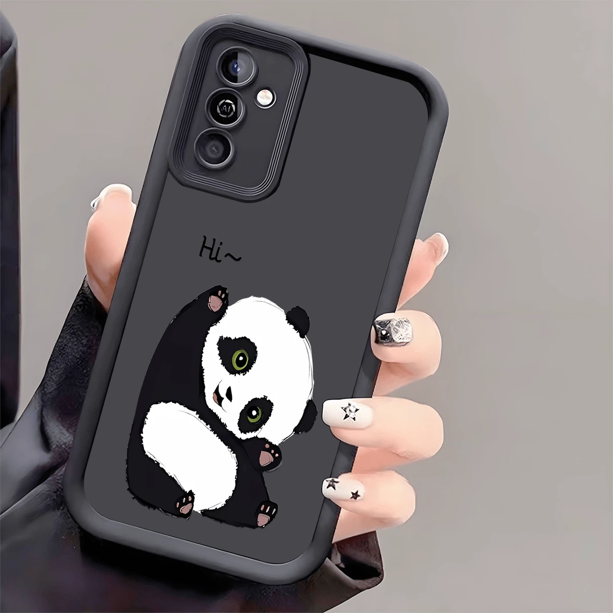 1pc Cute Panda "Hi" Anti-Fall Phone Case, Thick Anti-Slip Protective Cover Compatible With IPhone, Honor, Redmi, Galaxy, - Black - View 1