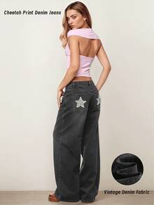 女士黑色牛仔裤，饰有豹纹和星星图案 - 中腰优质牛仔裤，时尚舒适 - 黑色 - 查看 1