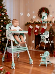 4-In-1 Baby High Chair With Toys, Adjustable Height & Recline, Foldable High Chair With Wheels, Double Removable Tray, PU Cushion With Cat Pattern, Portable Highchair For Babies & Toddlers – Christmas Gift - 青碧色 - 查看 1