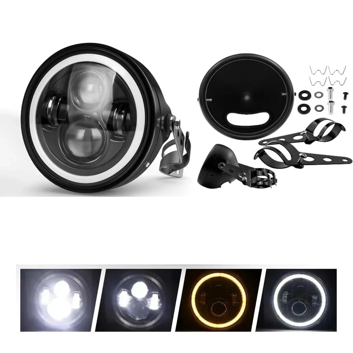 Faro Para Moto Universal + Carcasa Y Soporte De 7 Pulgadas Derecho Faro Para Moto Universal Y De 7 Pulgadas Led Aluminio+ Carcasa Y Soporte De 7 Pulgadas Derecho, Faros H4 Led Alta y Baja 4300K Ámbar/6500K Blanco, Faro General LED Redondo para Moto