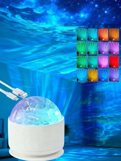 1个LED水波纹夜灯，多种颜色模式，最新款水波投影灯，16种不同的灯光效果，LED投影仪，小巧便携，星空投影，卧室夜灯投影仪，家庭影院，天花板，礼品装饰，节日礼物，露营，婚礼装饰，浪漫氛围夜灯，适合房间装饰，生日礼物