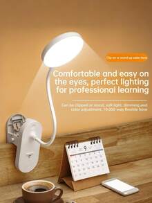 1pc Adjustable 3-Level Brightness Clamp LED Desk Lamp, Rechargeable With 800mAh Battery, Dimmable, Remote Control, USB Charging, Clamp Or Stand, Suitable For Office, Student Study And Reading - White Red Light - View 2