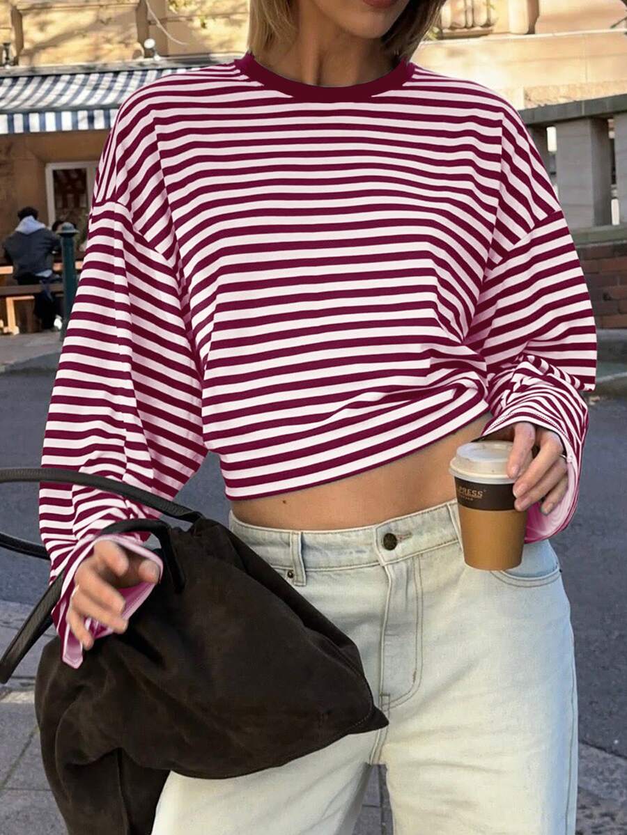 Loose Fit Colorblock Striped Long Sleeve T-Shirt, Casual Versatile Layering Top - Red - View 1
