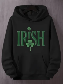 VUKOUK Men's Printed Hooded Sweatshirt, Fashionable Printed Street Men's Hooded Sweatshirt, Fashionable Pullover, Multifunctional Drawstring Pocket Design, Autumn And Winter Clothing, Suitable For Casual Outdoor And Holiday Gift Giving IRISH Clover - 黑色 - 查看 1