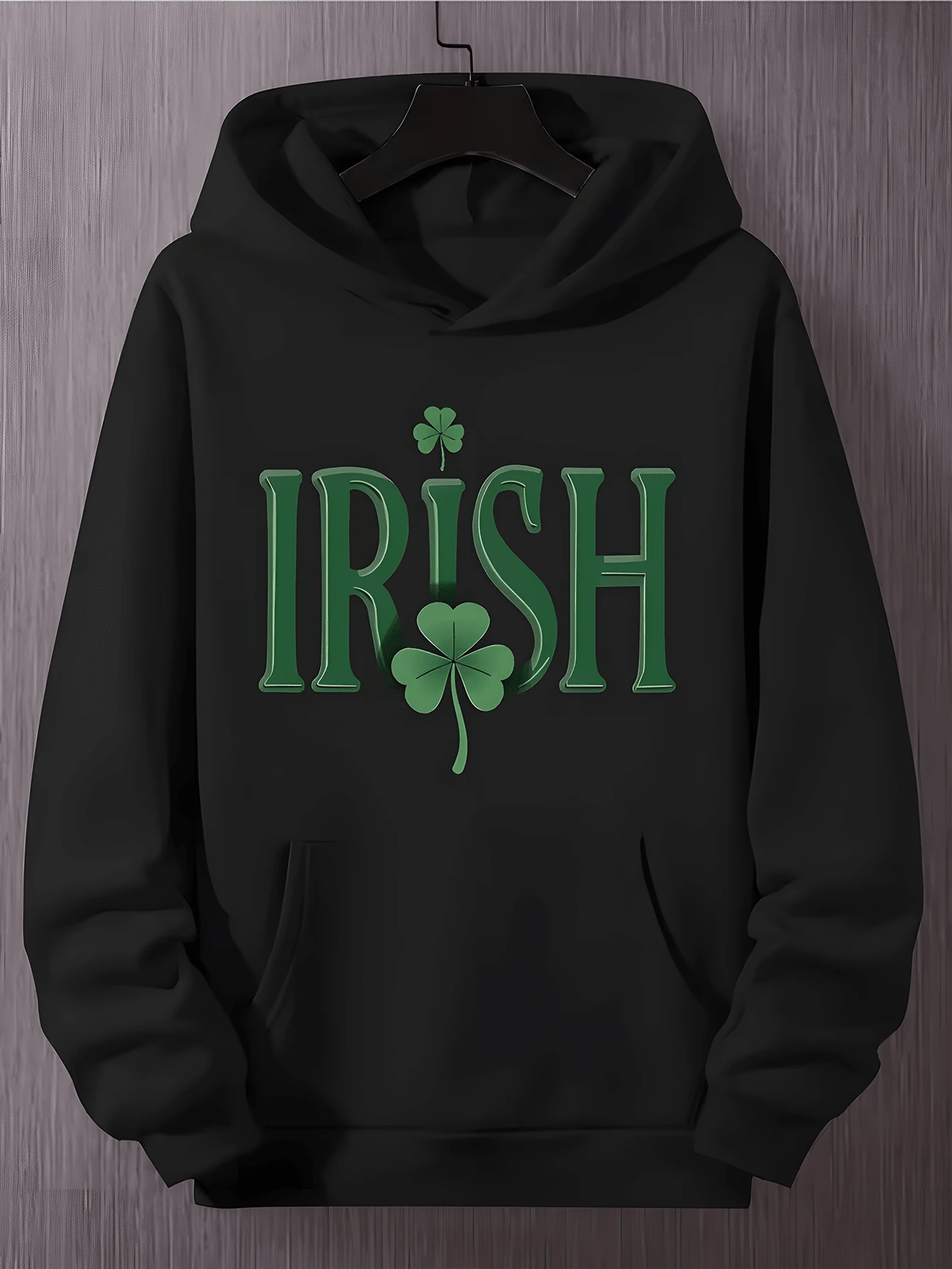 VUKOUK Men's Printed Hooded Sweatshirt, Fashionable Printed Street Men's Hooded Sweatshirt, Fashionable Pullover, Multifunctional Drawstring Pocket Design, Autumn And Winter Clothing, Suitable For Casual Outdoor And Holiday Gift Giving IRISH Clover - 黑色 - 查看 1