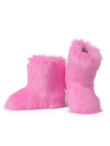 EdgyElongate Women's Winter Christmas Fur Boots Fuzzy Fluffy Round Toe Suede Booties Flat Heel Slip On Furry Snow Boots Fashion Warm Fluffy Shoes - 粉色 - 查看 8