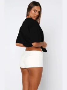 Women's Sweet Casual Hot Summer White Low Rise Fold Over Elastic Waist Mini Shorts - 白色 - 查看 4