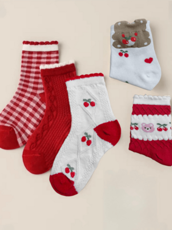 5双装樱桃花卉蕾丝中筒袜，儿童秋冬款