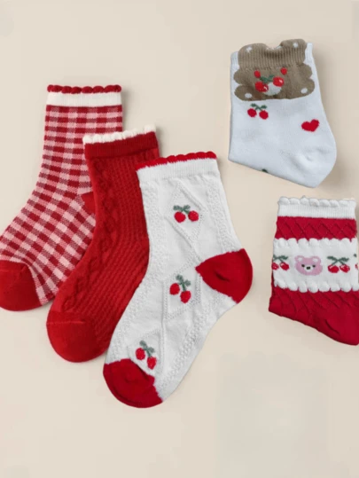 5双装樱桃花卉蕾丝中筒袜，儿童秋冬款