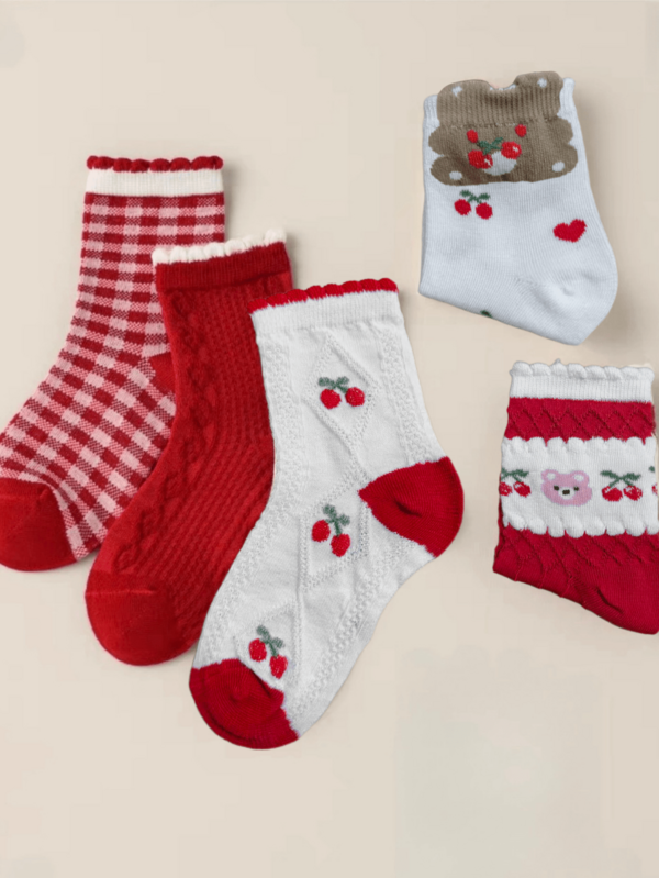 5 Pairs Cherry Floral Lace Mid-Calf Socks For Kids, Autumn/Winter