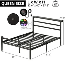 Twin/ Full/ Queen Size Bed Frame With LED Lights, Metal Bed Frame With Charging Station, Headboard Storage Shelf, Heavy Duty Metal Slats, No Box Spring Needed, Noise Free, Easy Assembly, Black ( USB LED Strip) - Black - View 10