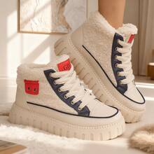 Autumn And Winter Fashion Casual Lamb Wool Lined High-Top Shoes, Faux Leather Patchwork Color-Block Metal Decor Lace-Up Platform Wedge Women's Shoes, Warm And Comfortable - 藍色 - 查看 3