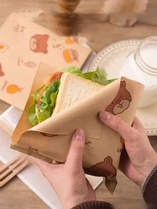 100个棕色食品袋，防油自粘食品保鲜袋，可折叠密封包装袋，适用于包装三明治、面包、汉堡、薯条等，野餐派对食品自粘包装保鲜袋，三明治袋，防油食品纸，节日用品，派对用品 - 彩色 - 查看 3