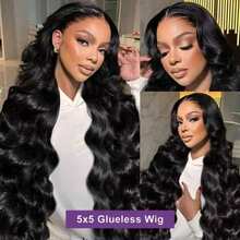 30英寸即戴式5*5蕾丝闭合假发，200%密度，13x6/13x4蕾丝前假发，预先拔毛并带有婴儿绒毛，适合女性，水波纹混合纹理，预先拔毛并带有婴儿绒毛，自然发际线，8-34英寸自然黑色波波头假发 - 自然色&黑色系 - 查看 4