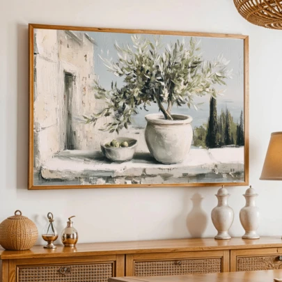 1pc, Canvas Wall Art, Framed Wall Art, Olive Branch In Clay Pot, Neutral Vintage Style Painting, Botanical Wall Art, Olive Gray Beige Artwork Home Decor, Wall Decor, Art, Room Decor, Feature Wall, Living Room Wall Decor, Bedroom Decor, Home Decor, Canvas Wall Art, Poster - Canvas (Optional Frame)