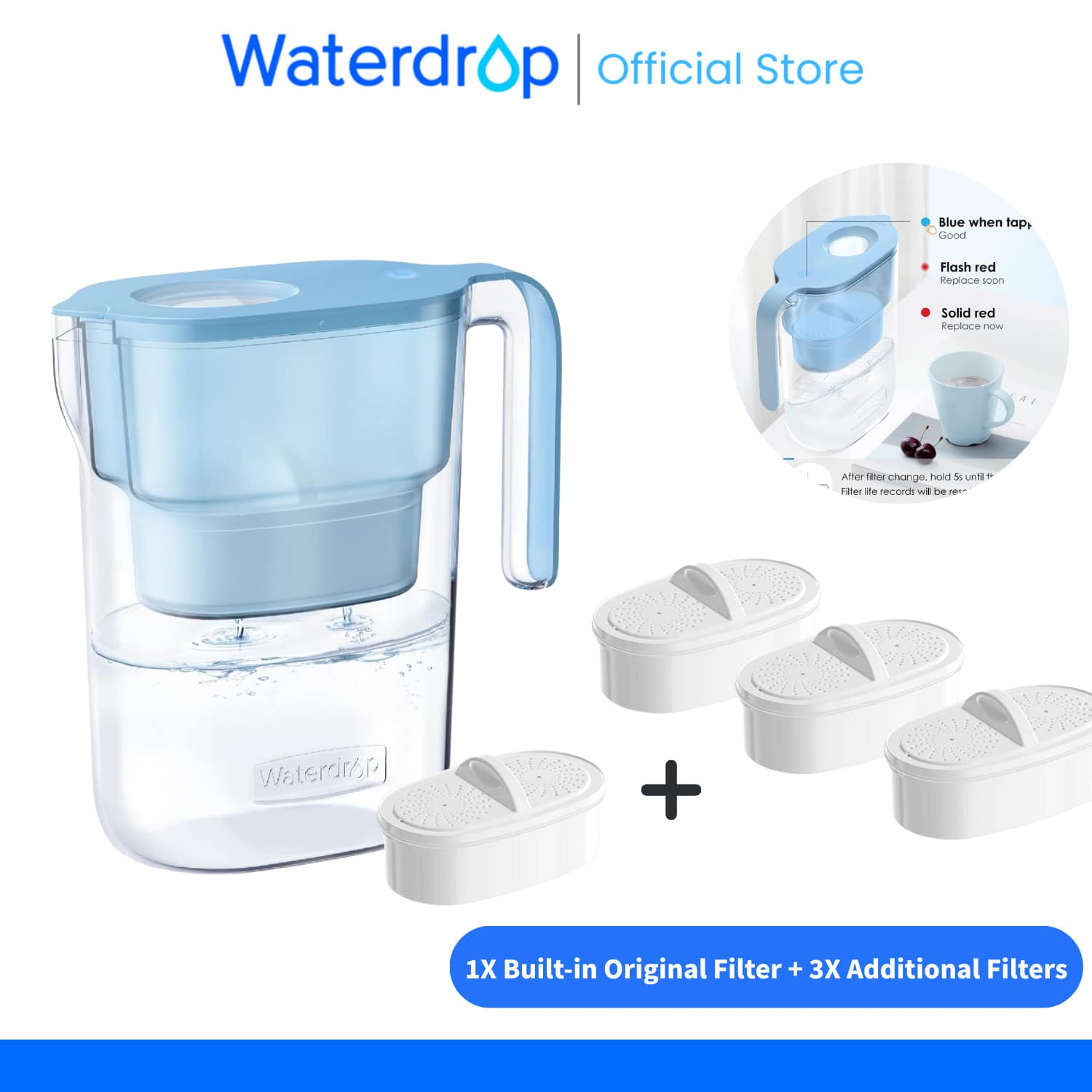 Waterdrop Elfin Water Filter Jug With 3-Month Filter, 2.5 L, Filter To Reduce Limescale, Chlorine, Lead, Copper In Water, Blue (Replacement Filter: WD-PF-01A Plus) - Baby Blue - View 1