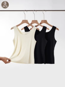 3PCS Women Cool Striped Solid Camisoles, Sleeveless Round Neck, Wide Straps, Unlined, Stylish Outerwear Comfy Casual Backless Base Underwear - Multicolor - View 2