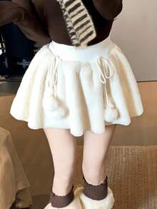 1件甜美蝴蝶结系带毛球腰半身裙，高腰显瘦防走光半身裙，加厚内衬，秋冬季时尚百搭 - 彩色 - 查看 4