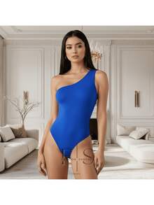 Body Feminino Mula Manca Suplex Com Forro Um ombro Alça  elegante - Azul Royal - Visão 2