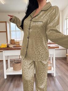 香槟色豹纹提花女士长袖睡衣套装 - 香檳色 - 查看 4