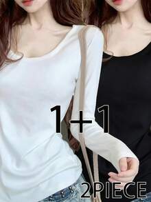 2pcs/Set Women's Long Sleeve T-Shirt, Versatile Autumn/Winter, Deep U-Neck Solid Color Undershirt