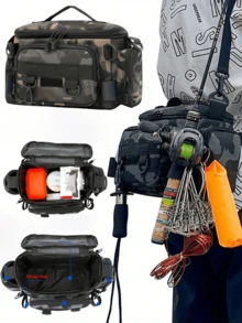 1个多隔层防水钓具包，迷彩和几何图案可选，纯色可选，拉链封口，肩带。是户外徒步、露营和钓鱼装备收纳的理想之选。