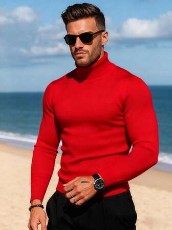 Men's Solid Color Turtleneck Knit Long Sleeve T-Shirt, Autumn