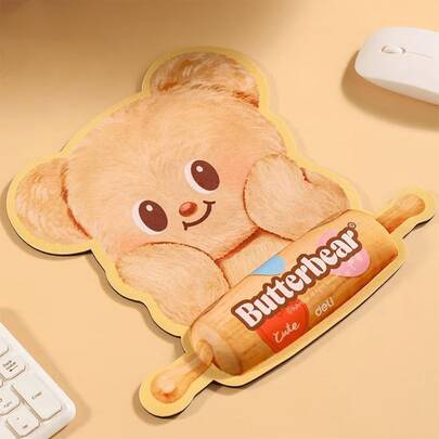 Butter Bear Wrist Rest Mouse Pad (Orange), Kawaii Ice Cream Bear Print, Ergonomic Mouse Pad, Soft Jersey Fabric Wrist Support for Office/Gaming, Non-Slip Desk Mat for Students & Workers, Great for Daily Computer Use & Gift,Kawaii Desk iftd, Suitable,