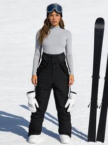 1 双女式宽松滑雪裤，带可调节背带，可机洗，适合户外活动，冬季滑雪裤，滑雪装备，寒冷天气服装，运动裤，加固结构，功能性滑雪裤，雪地装备，运动裤，连体滑雪服 - 黑色 - 查看 7