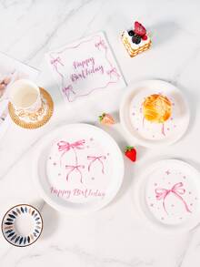 Pink Bow Theme Birthday Party Disposable Plates, Napkins, Cups, Tablecloth And Banner Set, Party Supplies Set Suitable For 8 Guests, Disposable Paper Plates For Birthday, Wedding, Theme Party, Family Picnic