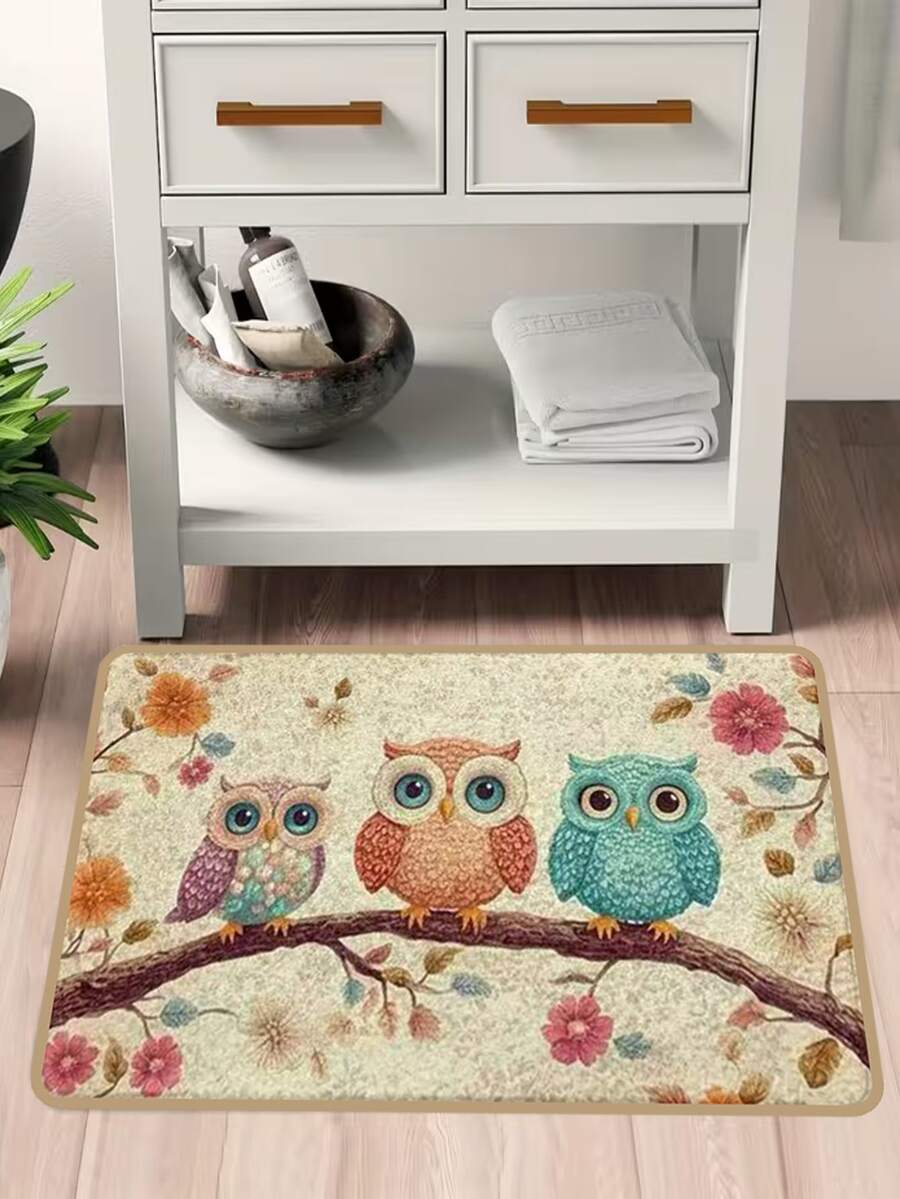Vintage-Style Distressed Colorful Owl And Floral Pattern Doormat, Made Of Crystal Velvet, Suitable For Laundry Rooms, Hallways, Bedside Decorations, Cottage Decor, And Camping Gifts. Rectangular Wood Grain Pattern, Durable Backing, Suitable For Bathrooms, Kitchens, And Home Decor. Available In Beige, Brown, And Blue. - Multicolor - View 1