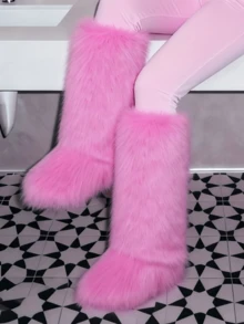 EdgyElongate Women's Winter Christmas Fur Boots Fuzzy Fluffy Round Toe Suede Booties Flat Heel Slip On Furry Snow Boots Fashion Warm Fluffy Shoes - Hồng dài - Xem 2