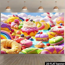 2D Flat 1pc Dreamy Candy Land Landscape Background With Ice Cream, Sweets, Lollipops, Rainbow, Birthday Party Decor, Photography Studio Backdrop Banner - Ginger - View 9